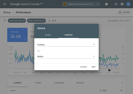 A view of comparison mode when setting filter in Search Console Search Analytics