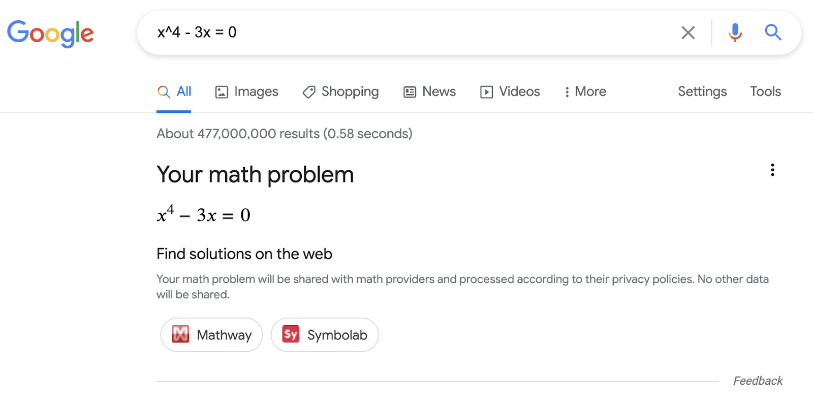Math solvers rich result on Google Search