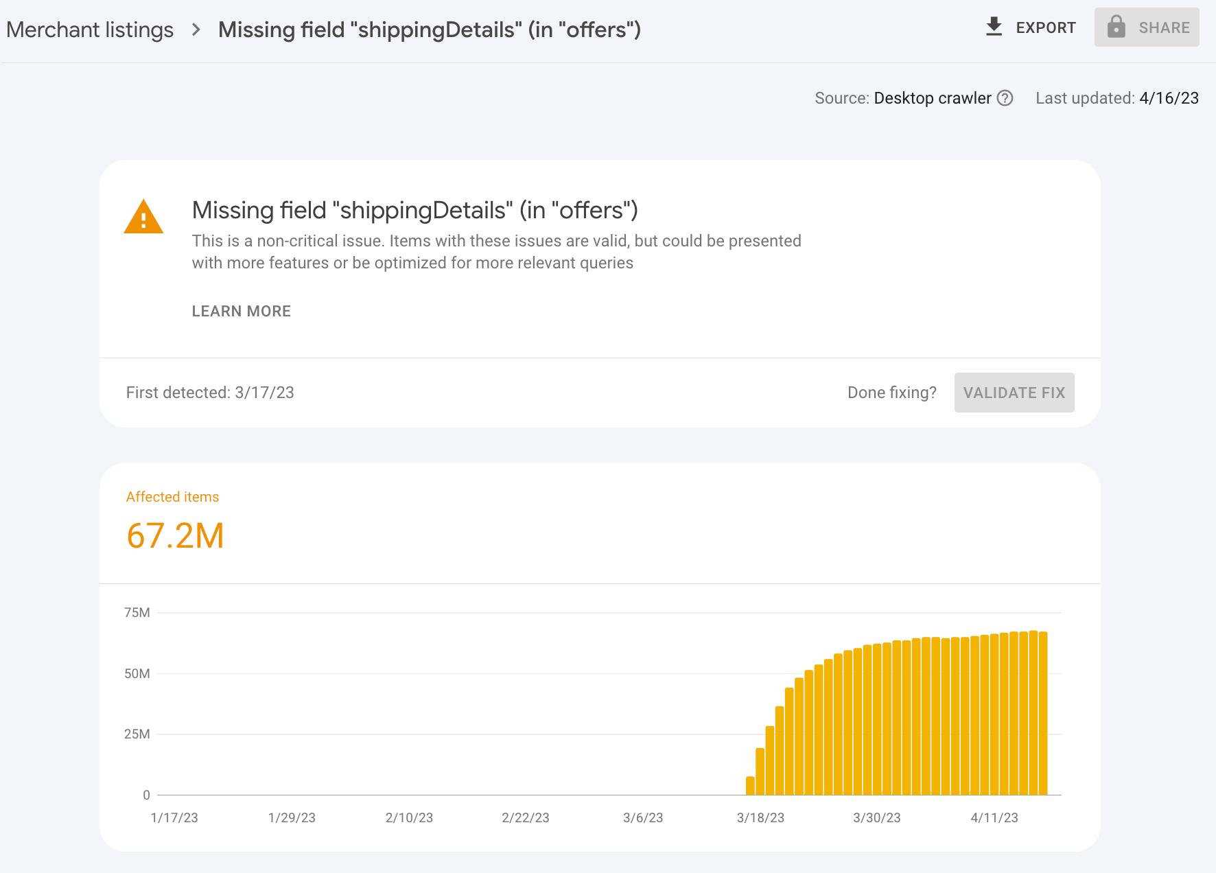 Ảnh chụp màn hình báo cáo về trang thông tin của người bán trong Search Console