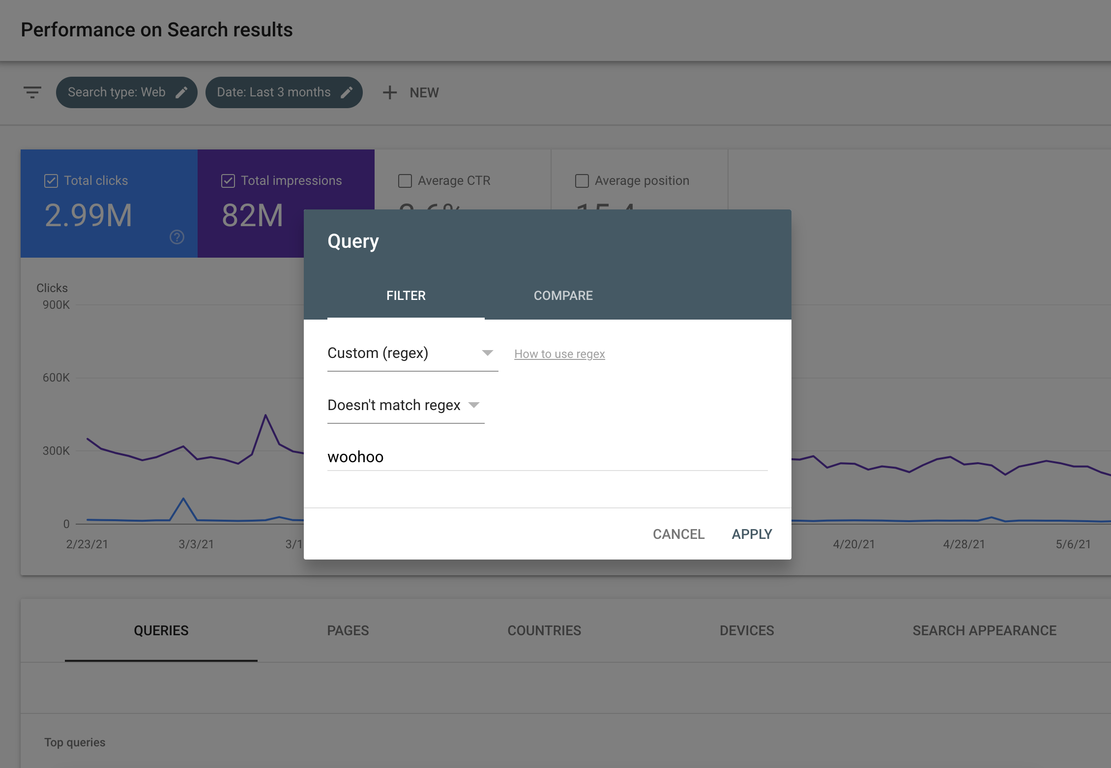 Search Console Performance report regex filter