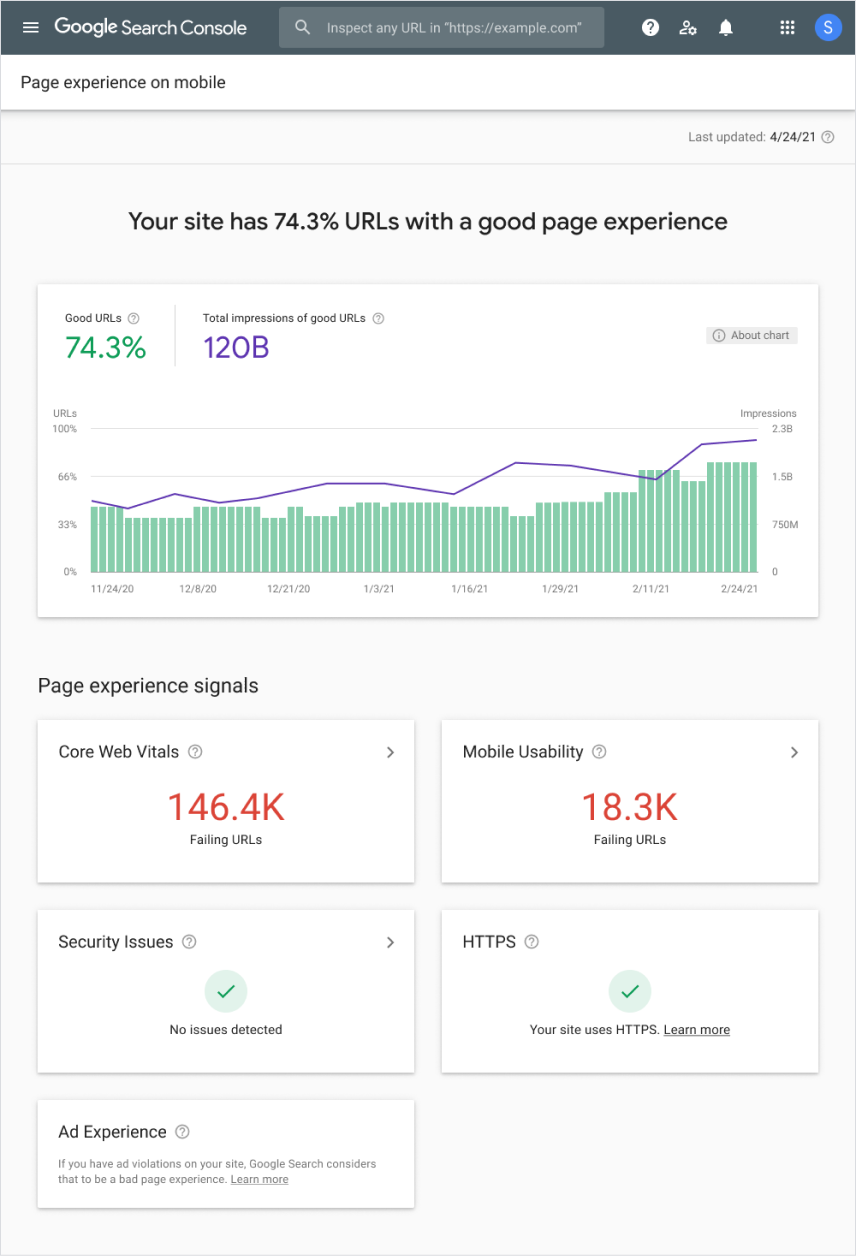 Search Console में, पेज की परफ़ॉर्मेंस के बारे में बताने वाली रिपोर्ट