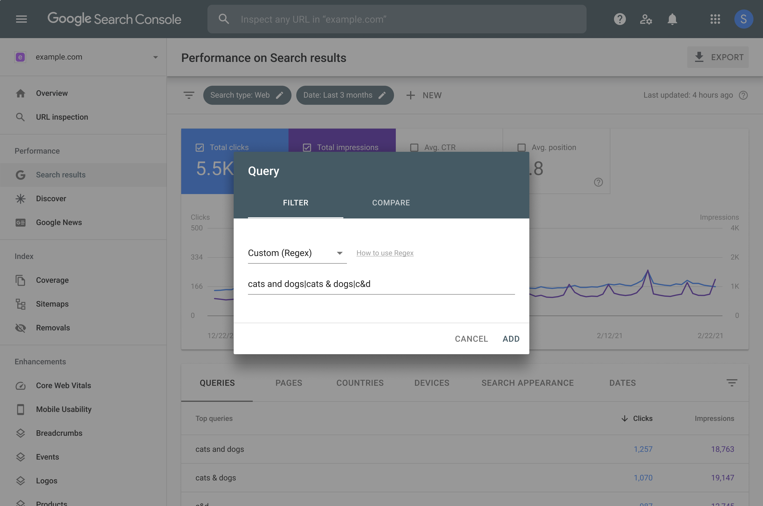 Filtro regex dei report sul rendimento di Search Console