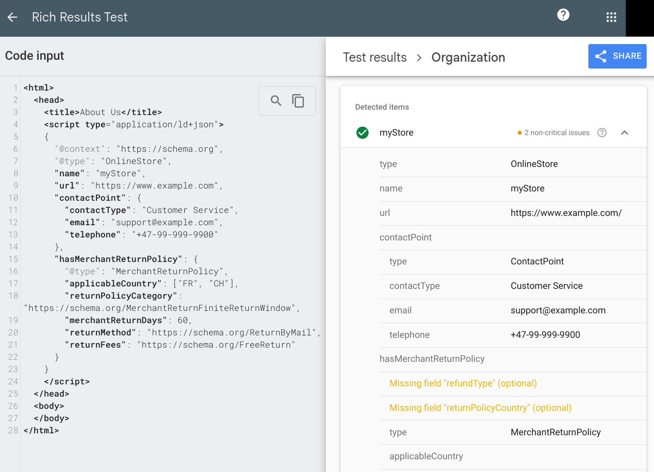 Rich Results Test showing organization-level return policies