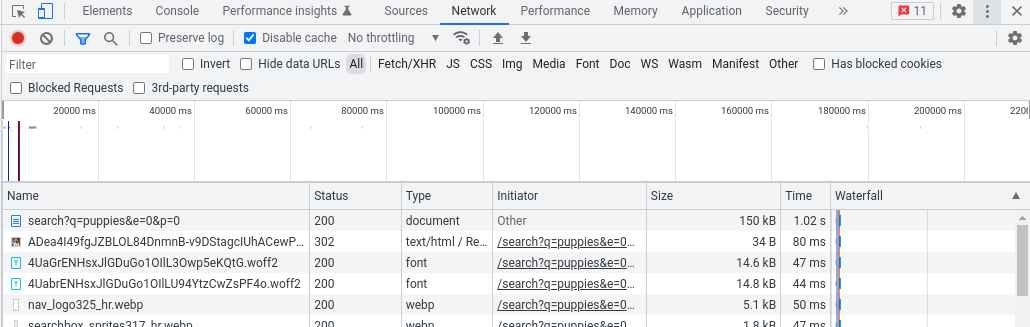 Chrome デベロッパー ツールの [Network] タブ