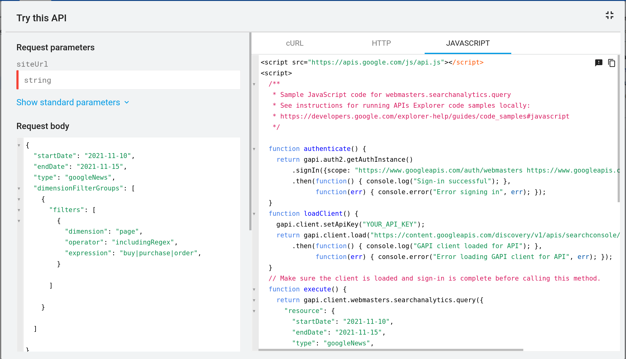 Przykładowe wywołanie interfejsu Search Analytics API z nowymi parametrami