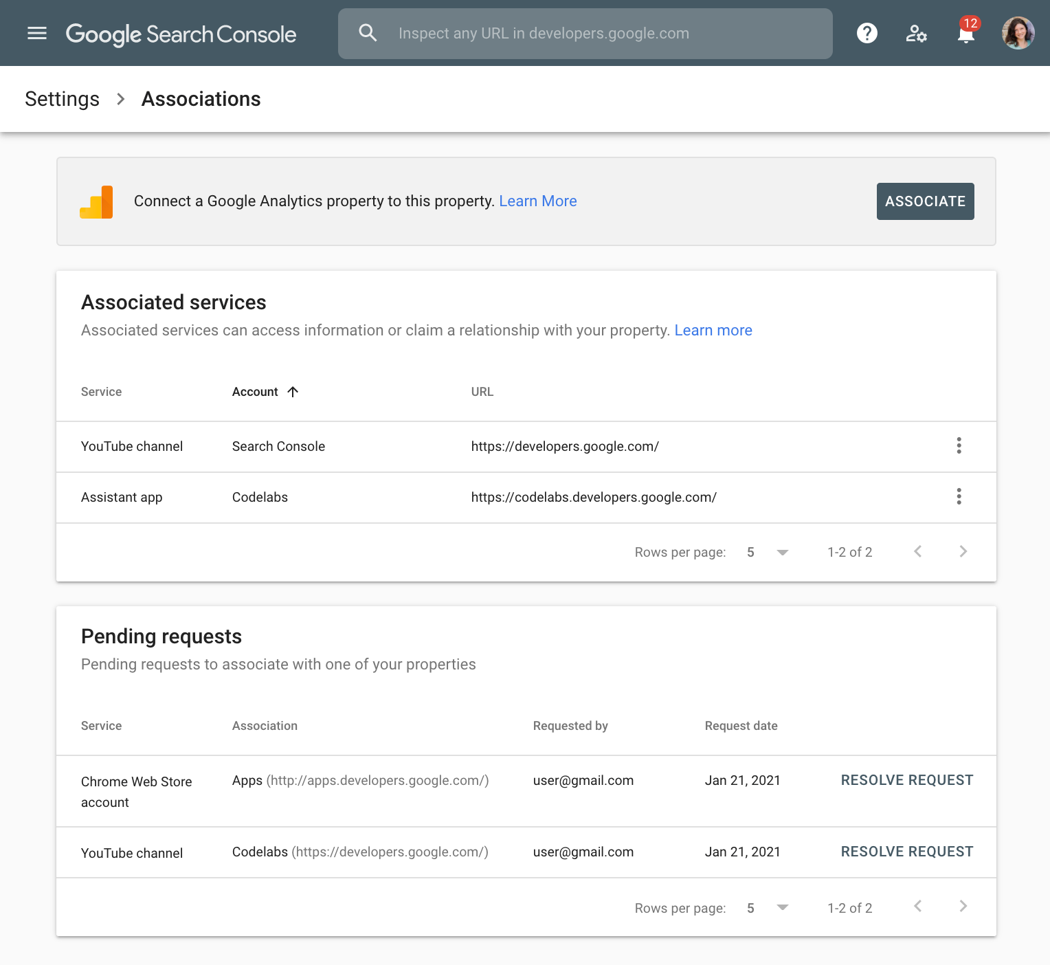 Google Search Console Associations page
