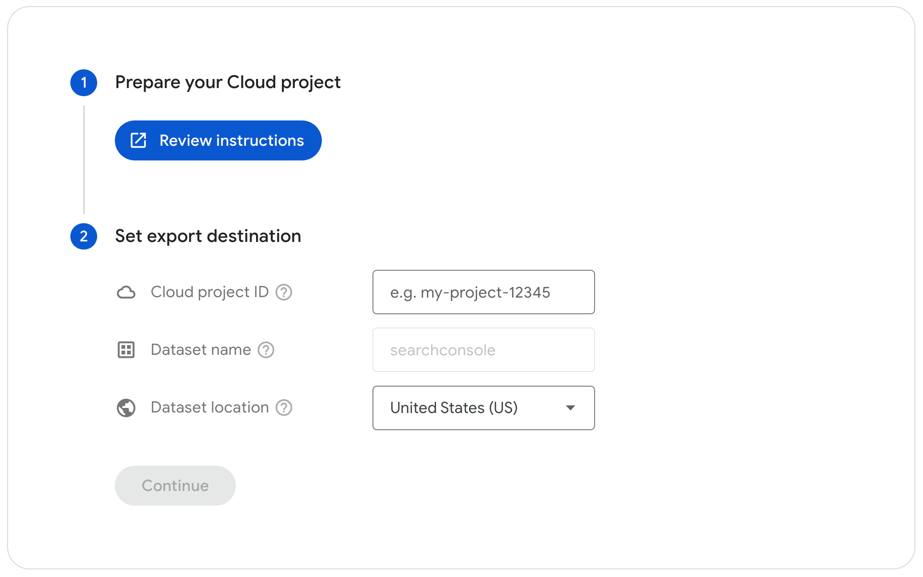 Search Console bulk data export settings page