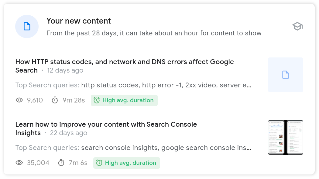 Scheda dei nuovi contenuti di Search Console Insights