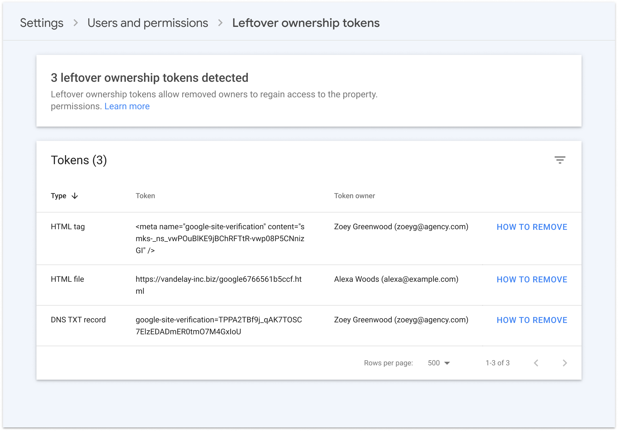 Search Console settings page showing leftover ownership tokens