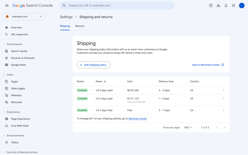 Search Console showing shipping and return settings