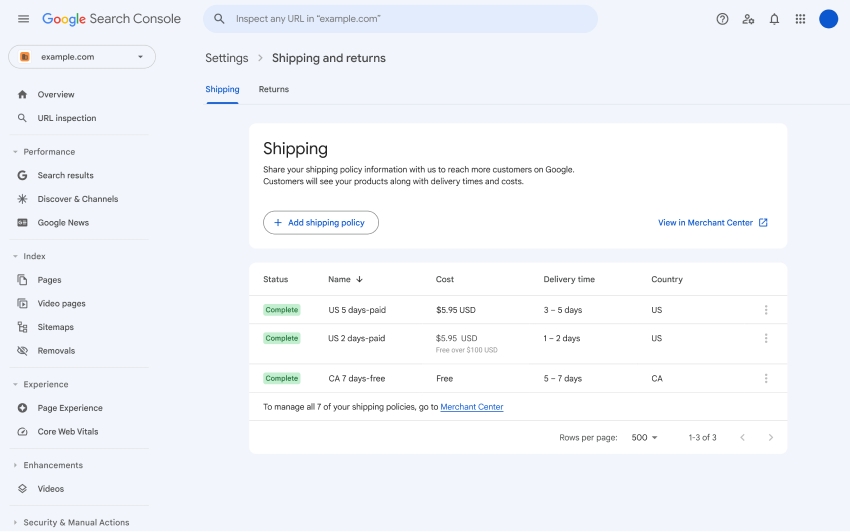 Search Console yang menampilkan setelan pengiriman dan pengembalian