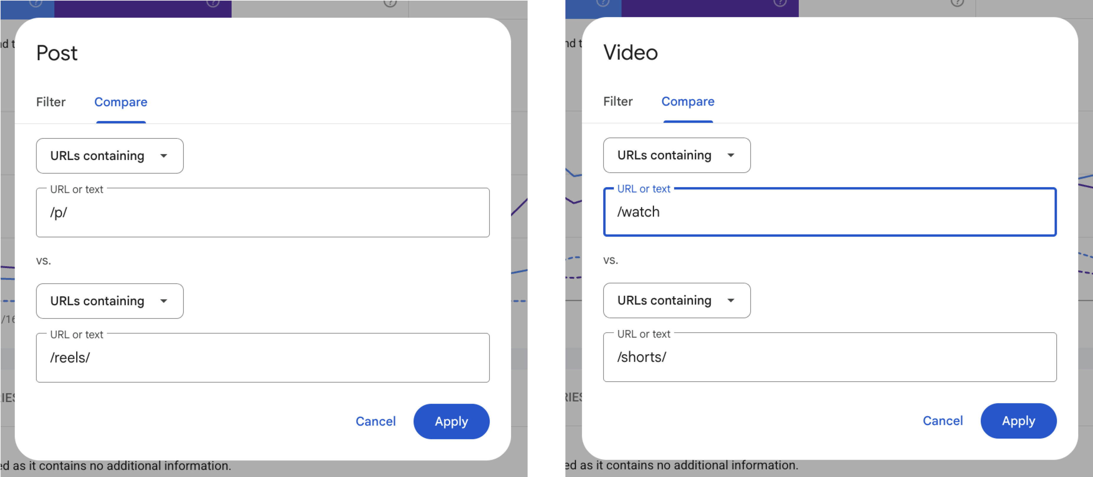 Comparing different content formats using URL comparison mode in Search Console