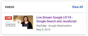 Example of how the LIVE badge appears on videos in Google Search results.