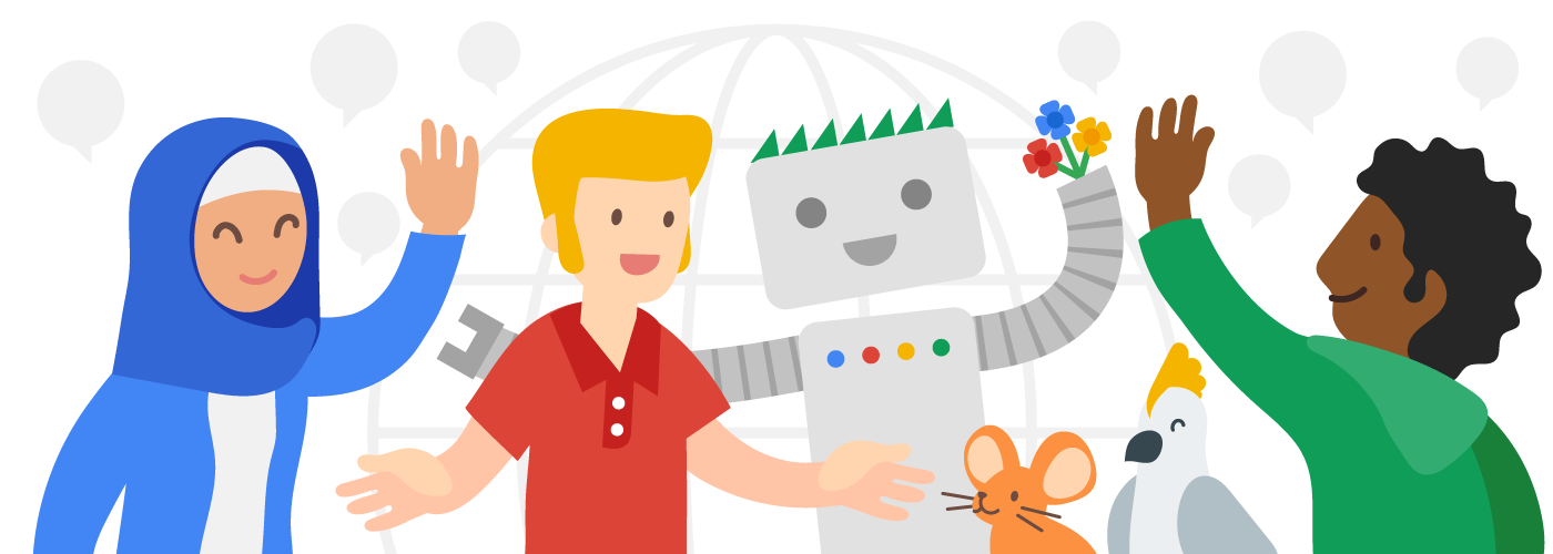 Рисунок, на котором люди и робот приветствуют друг друга