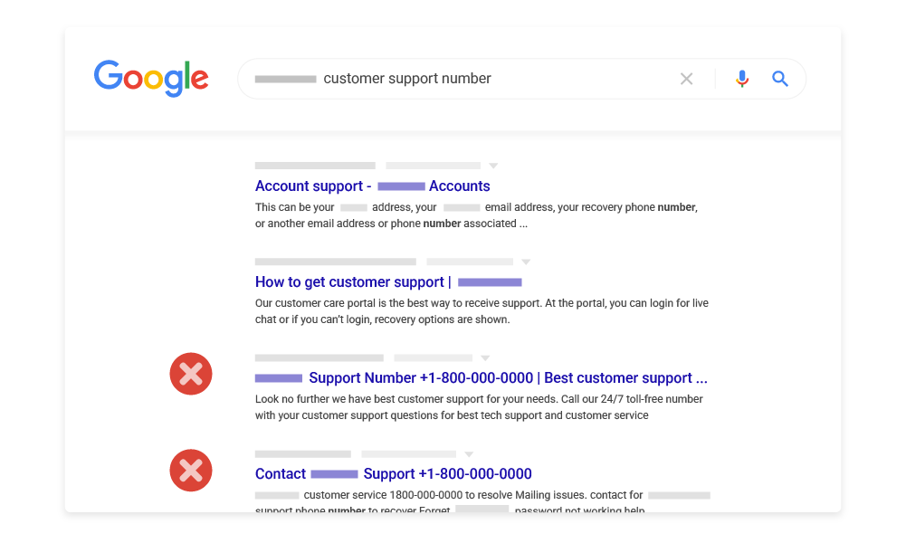Exemplo de golpe do suporte ao cliente nos resultados da pesquisa
