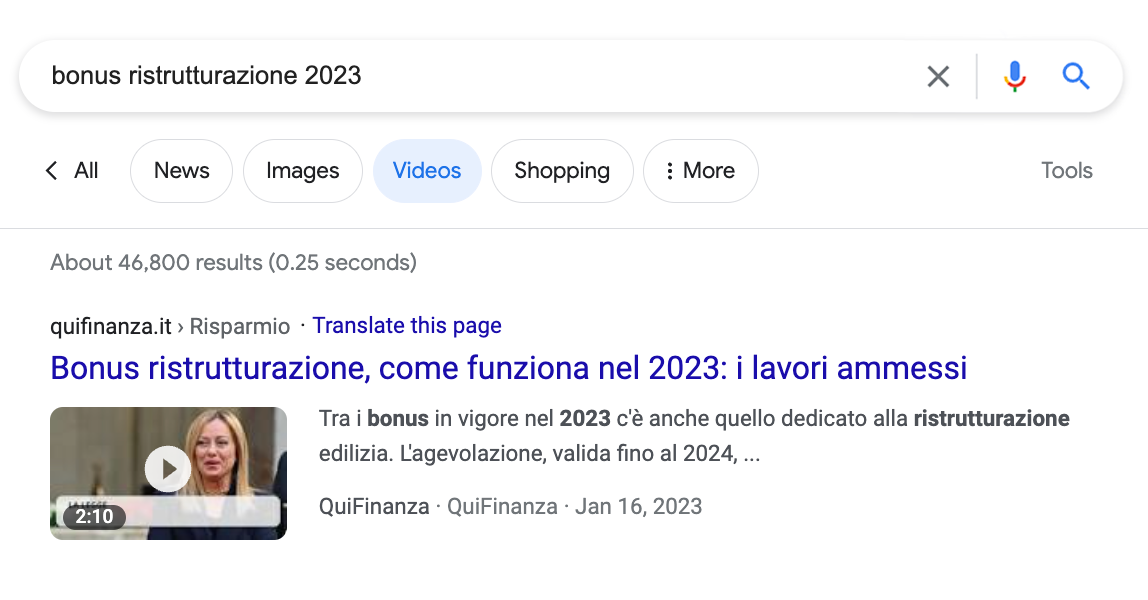 Un sitio web de Italiaonline que aparece como resultado de vídeo en la Búsqueda de Google