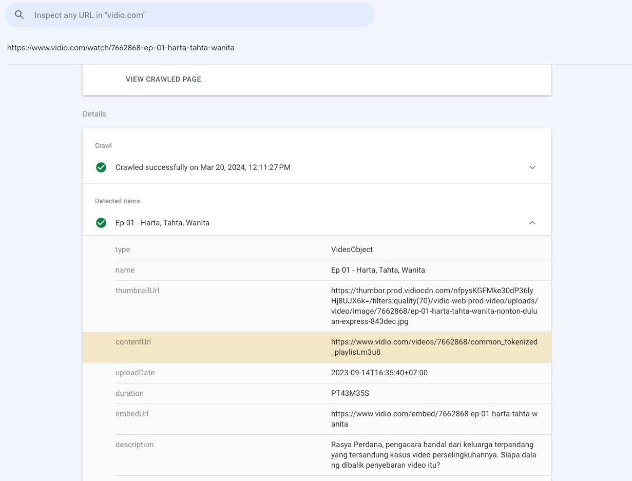 Vidio ตรวจสอบแล้วว่ามีการใช้มาร์กอัป VideoObject ในตอนของรายการทีวีเรื่องหนึ่ง โดยใช้ส่วนการเพิ่มประสิทธิภาพวิดีโอใน Search Console