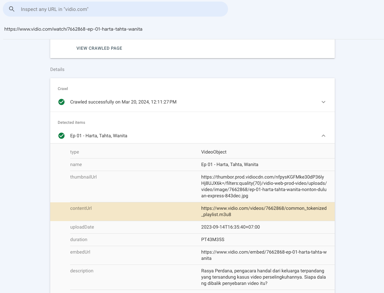 Vidio, TV bölümlerinden birindeki VideoObject işaretleme uygulamasını, Search Console'daki Video geliştirme bölümünden doğruladı