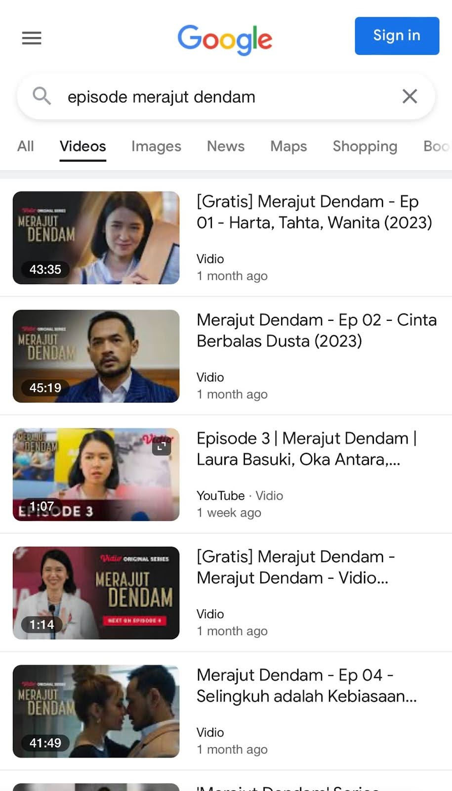 Vidio dans l'onglet "Vidéos" des résultats de recherche Google