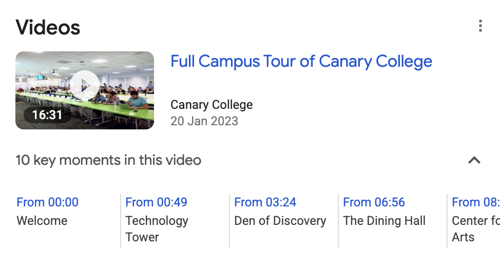 Um resultado da pesquisa para a consulta &quot;Tour no campus do Canary College&quot;, que mostra o vídeo de um tour pelo campus com Momentos importantes que destacam seções do vídeo