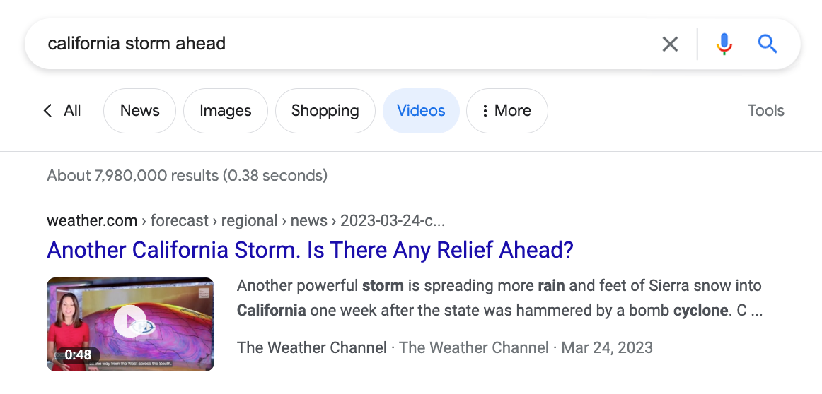 Weather.com aparece como un resultado de video de la Búsqueda de Google