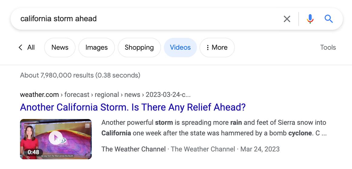 O Weather.com aparece como um resultado de vídeo na Pesquisa Google