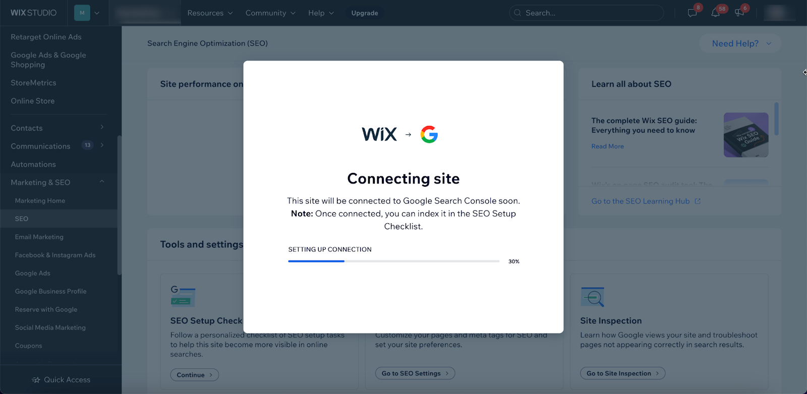 Wix connecte un site à la Search Console