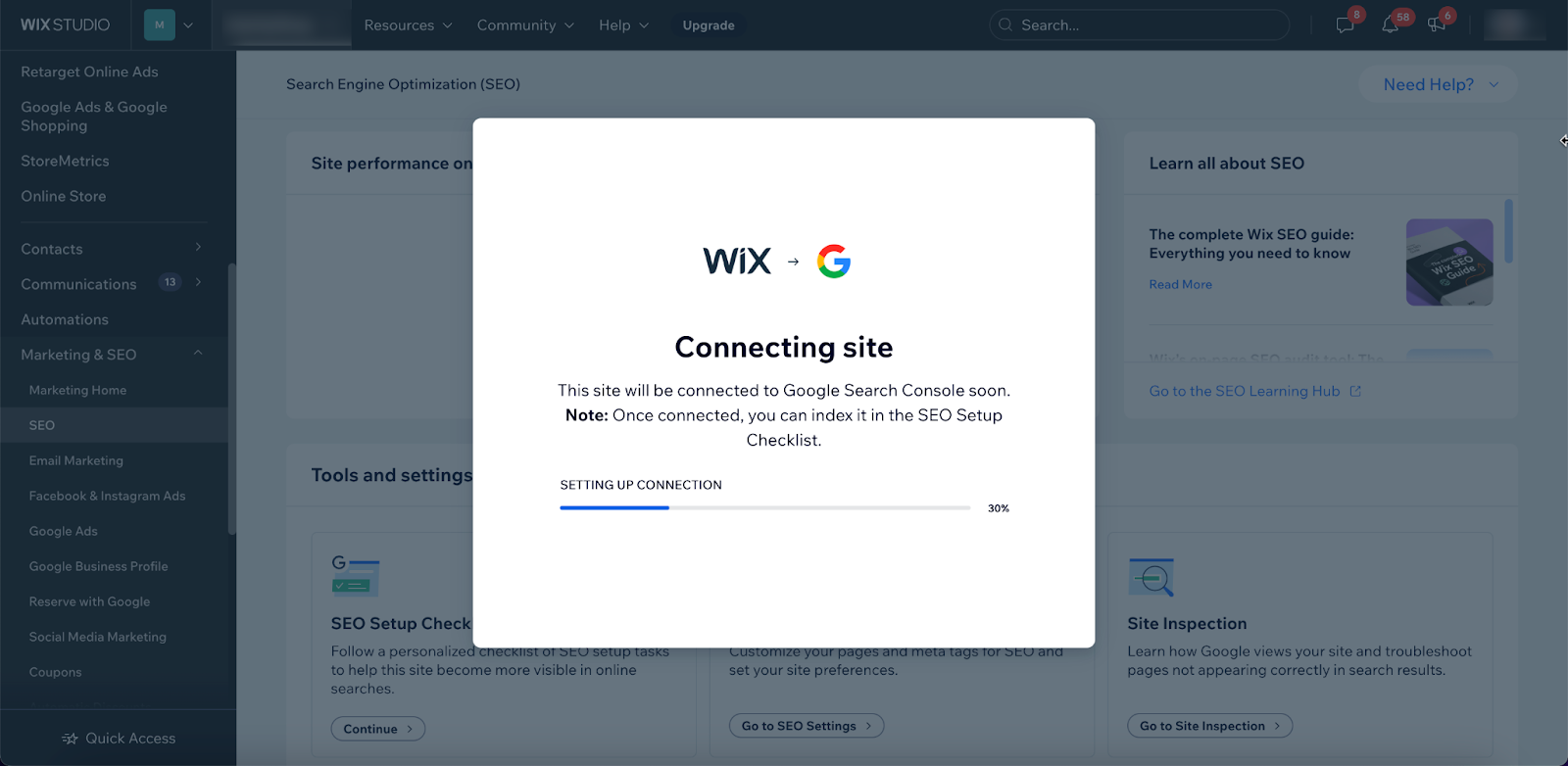 Wix กำลังเชื่อมต่อเว็บไซต์กับ Search Console