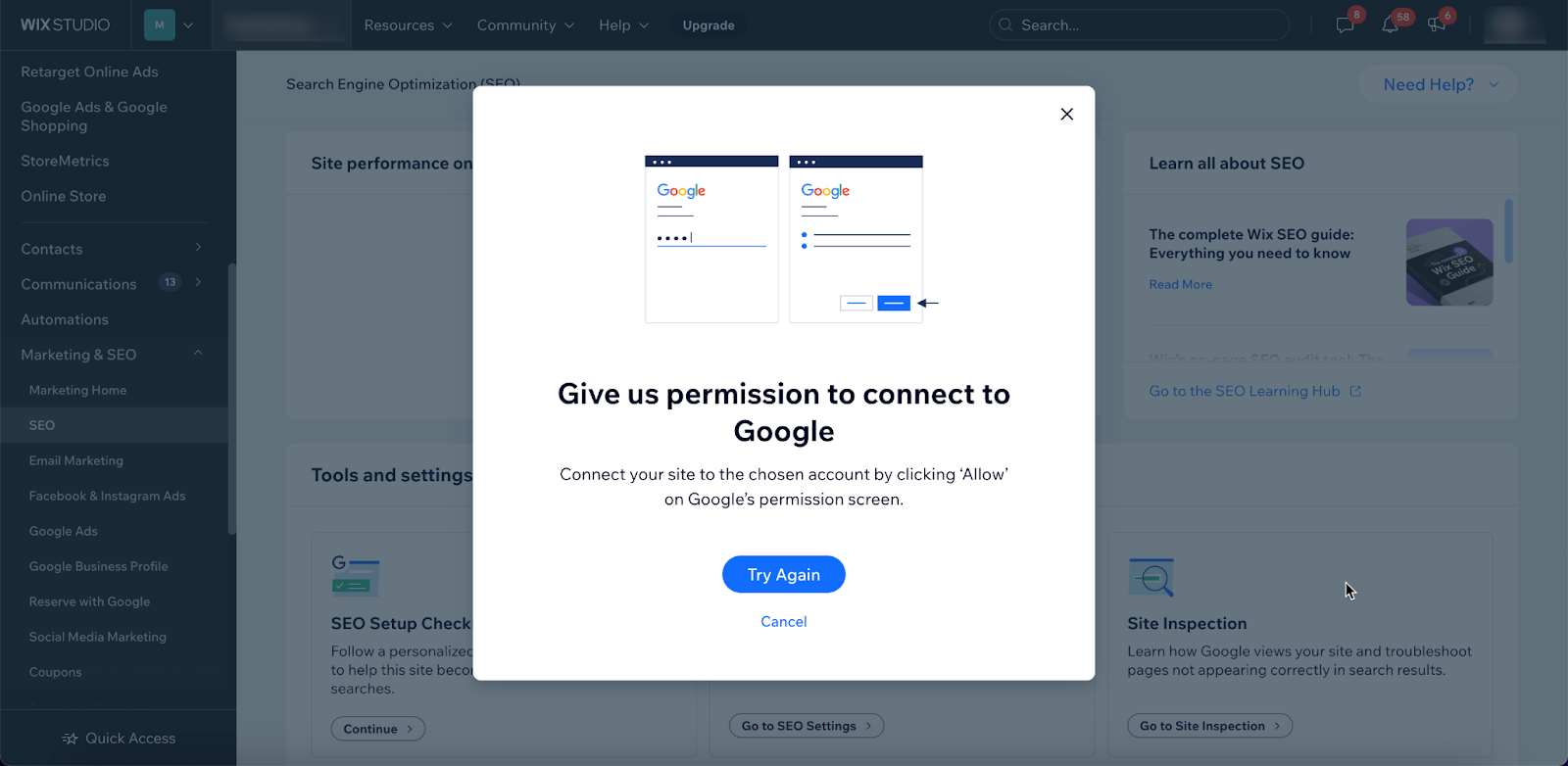 Octroi d'autorisations pour que Wix associe un site à la Search Console