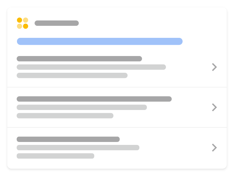 Ilustração de como uma lista de cursos é exibida na Pesquisa Google. Ela exibe três cursos diferentes do mesmo site em um formato de lista que os usuários podem explorar e selecionar um curso específico.