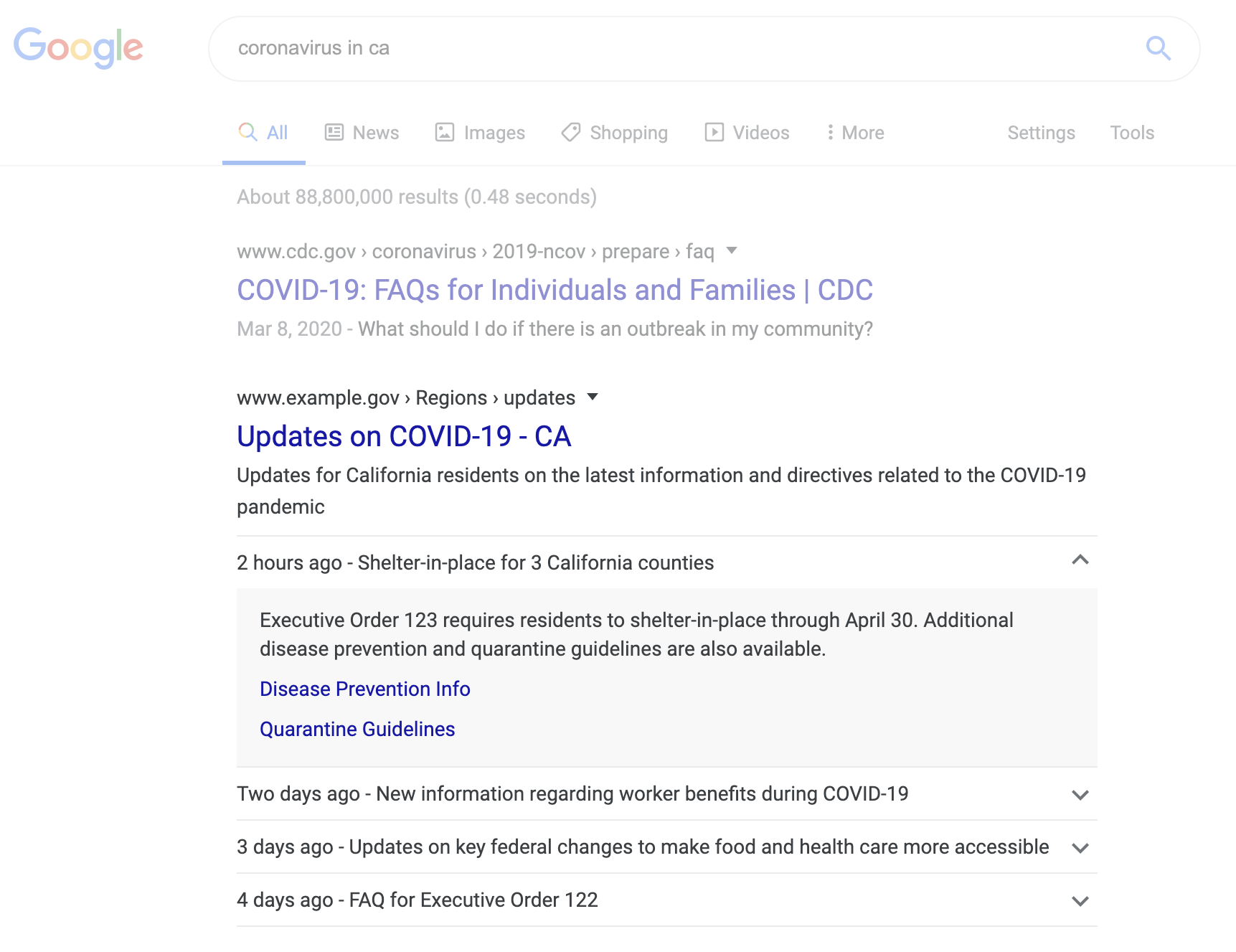 Contoh pengumuman COVID-19 di Google Penelusuran