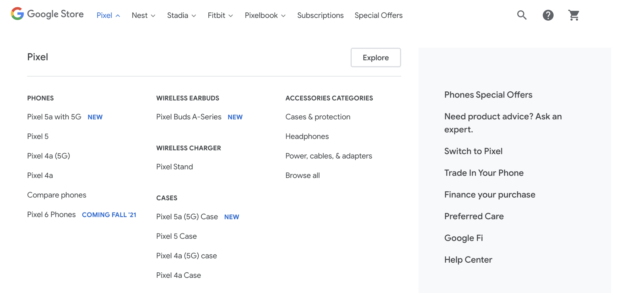 Exemplo de menu de site com categorias da loja on-line do Google.