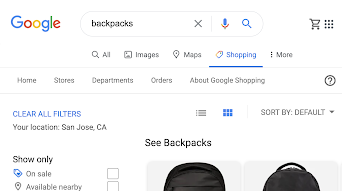 Contoh hasil penelusuran tentang ransel di Google Shopping