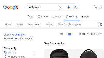 Ejemplo de resultados de la búsqueda para mochilas en Google Shopping