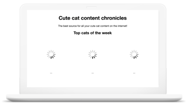 Website mit angezeigtem Websitetitel. Auf der Seite sollten Bilder von Katzen zu sehen sein, aber es werden nur Ladesymbole angezeigt.