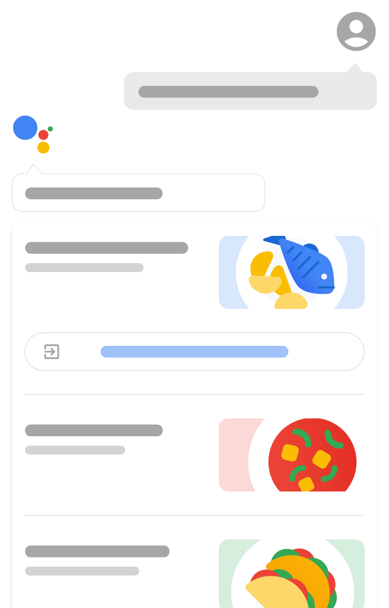 Google アシスタントを介して Google Home でガイド付きレシピがどのように表示されるかを示すイラスト。Google アシスタントがユーザーのリクエストに応答し、調理するレシピの候補リストを表示しているところを示しています。