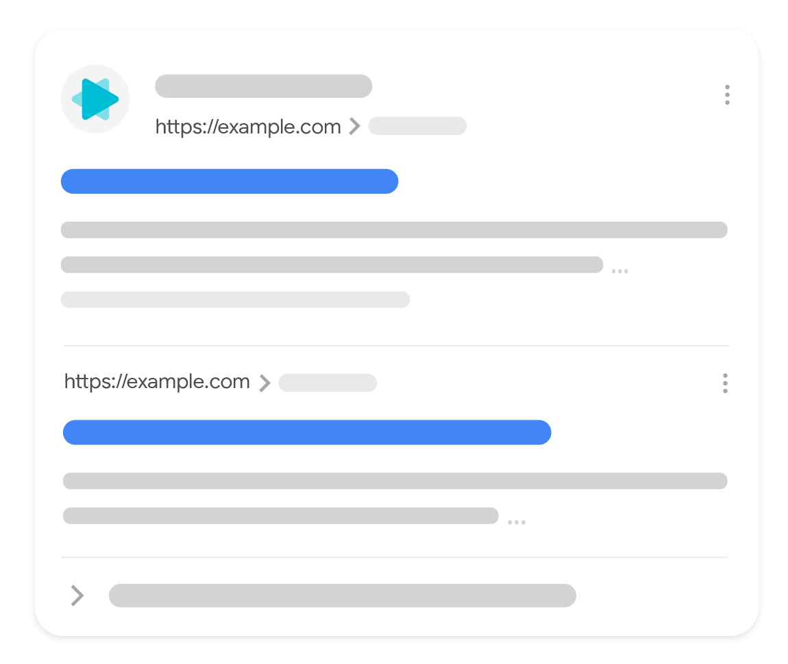 Google 検索におけるホストグループを示すイラスト。同じサイトから取得された 2 つのテキスト検索結果がグループ化されて表示されています