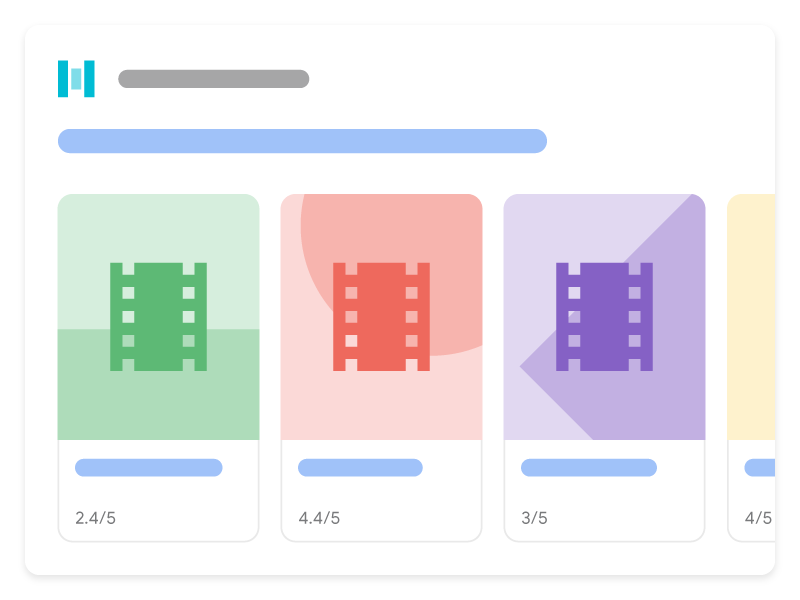 Ilustración de cómo puede aparecer un resultado enriquecido de una película en la Búsqueda de Google. Muestra 3 películas diferentes del mismo sitio web en formato de carrusel, en el que los usuarios pueden explorar y seleccionar una película específica.
