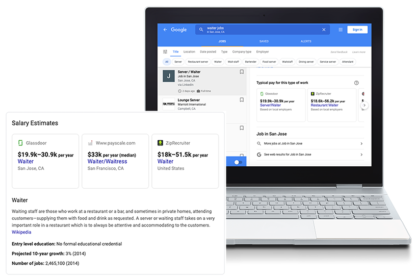 Thông tin mức lương ước tính trong tin việc làm trên Google Tìm kiếm