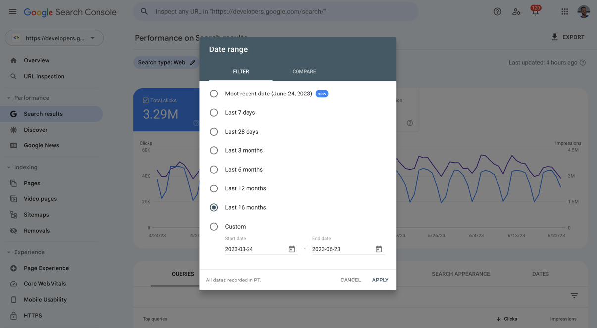 Filtro Intervallo di date che mostra Ultimi 16 mesi nel report sul rendimento in Search Console
