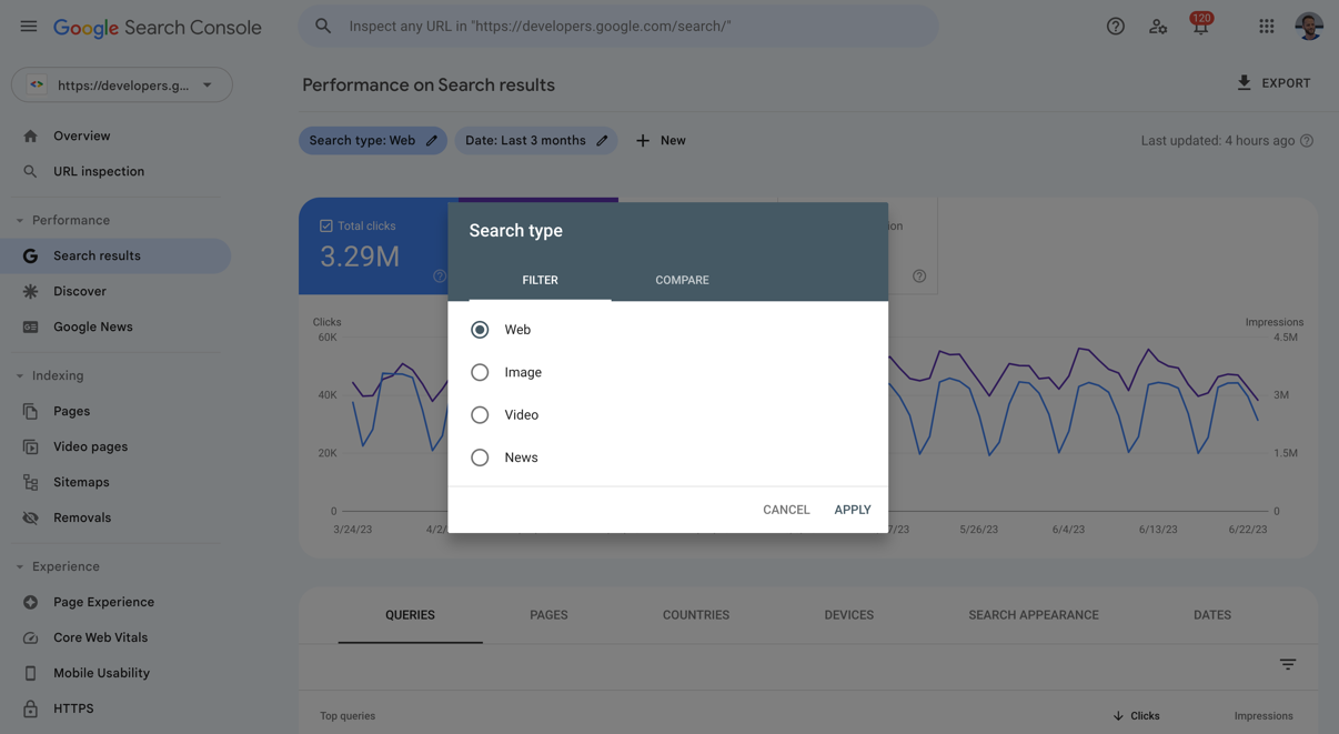 Filtro de tipo de pesquisa no Relatório de performance do Search Console