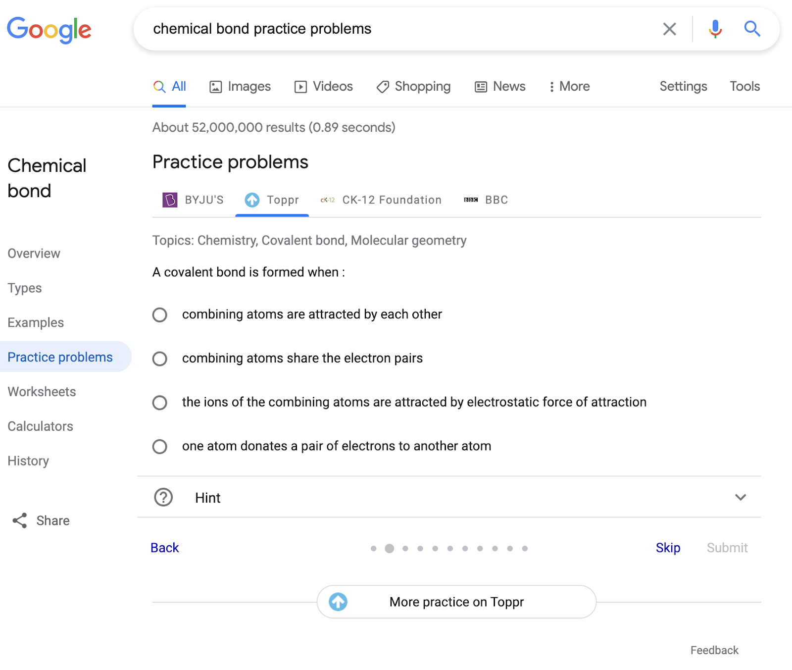 Practice problems rich result in Google Search