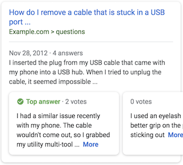 An example in search results
  of a question and answer card