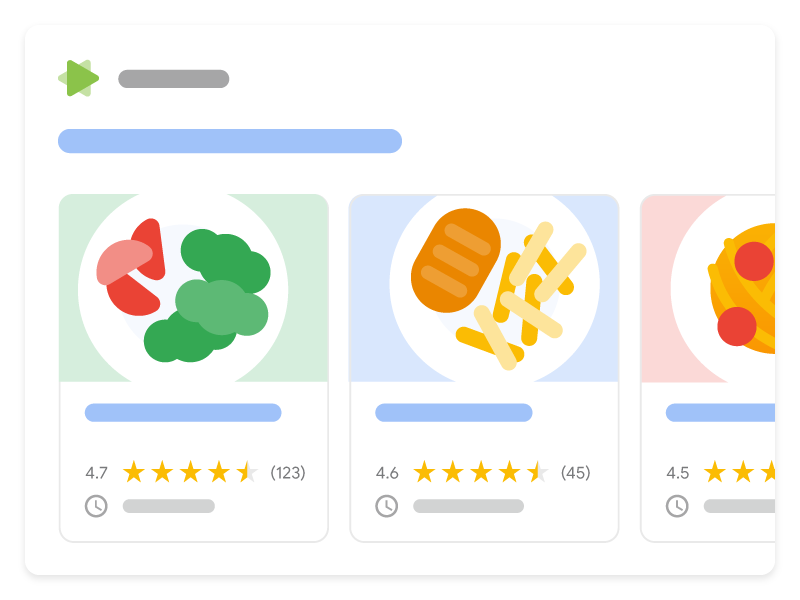 Ilustración de cómo puede aparecer el carrusel de un host de recetas en la Búsqueda de Google. Muestra 3 recetas diferentes del mismo sitio web en formato de carrusel, en el que los usuarios pueden explorar y seleccionar una receta específica.