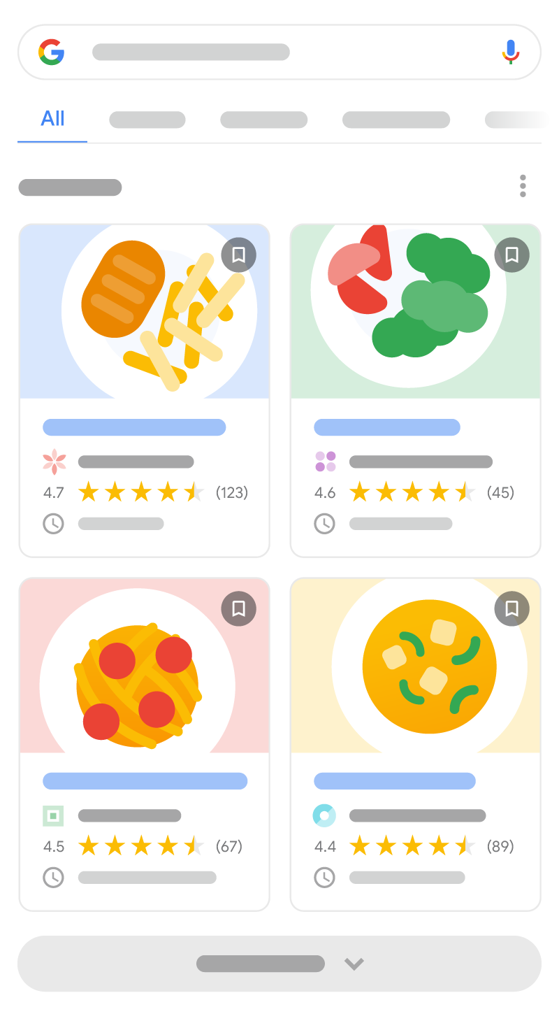 Ilustración de cómo pueden aparecer los resultados enriquecidos de recetas en la Búsqueda de Google. Contiene 4 resultados enriquecidos de distintos sitios web, con detalles sobre cuánto tiempo se necesita para cocinar la receta y una imagen, además de opiniones.