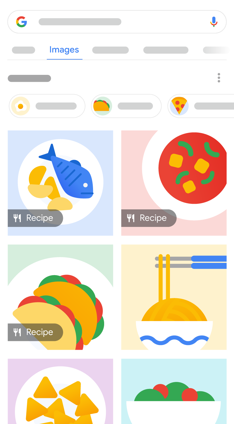 Illustrazione di come una ricetta può essere visualizzata in Google Immagini. Ci sono 6 immagini che mostrano piatti diversi, con 3 risultati che mostrano un badge della ricetta che indica all&#39;utente che si tratta di una ricetta