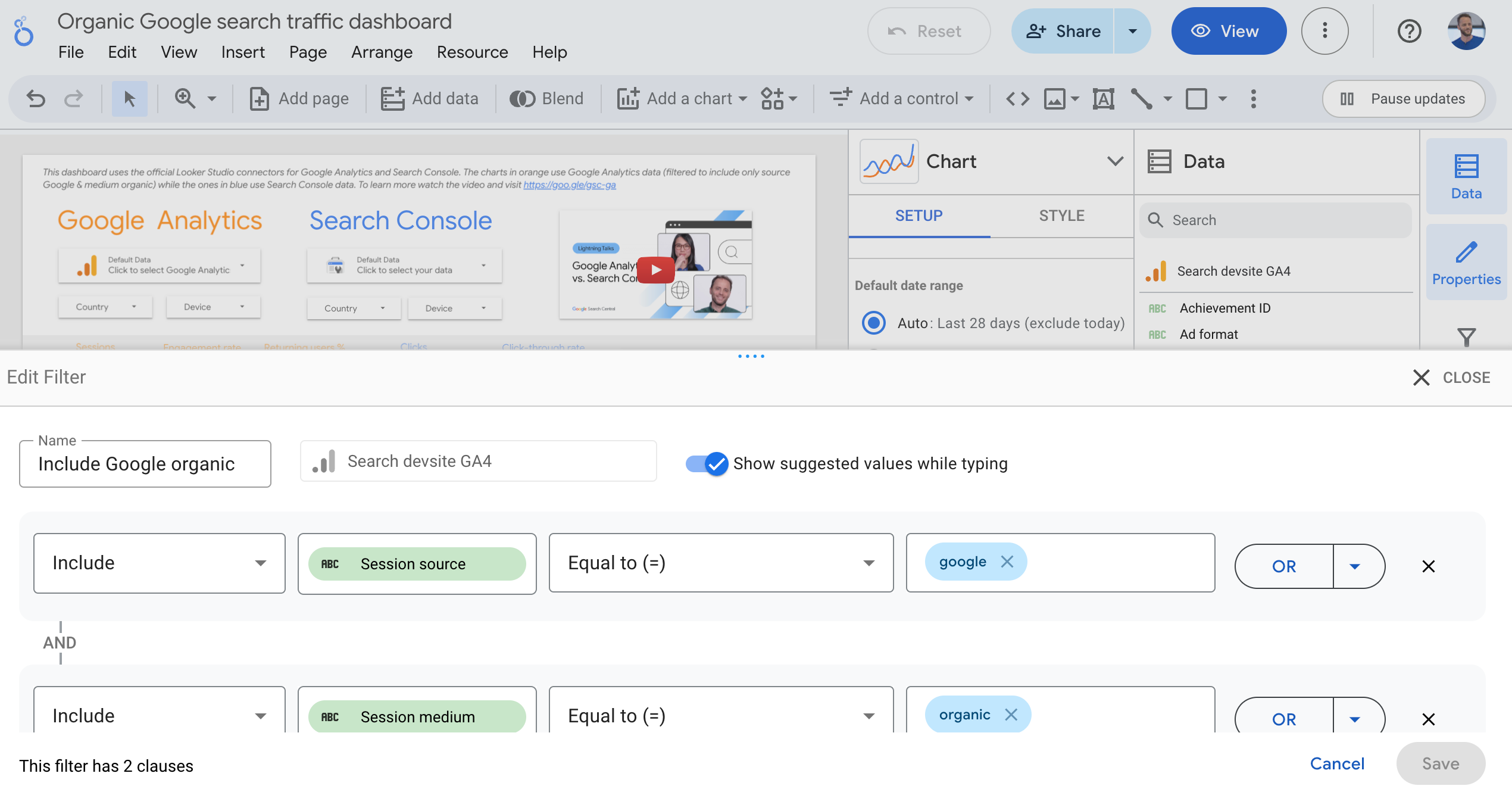 Filtrer la source et le support de la session dans Looker Studio