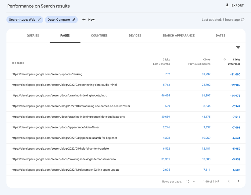 Search Console'daki performans raporunda sayfa karşılaştırması