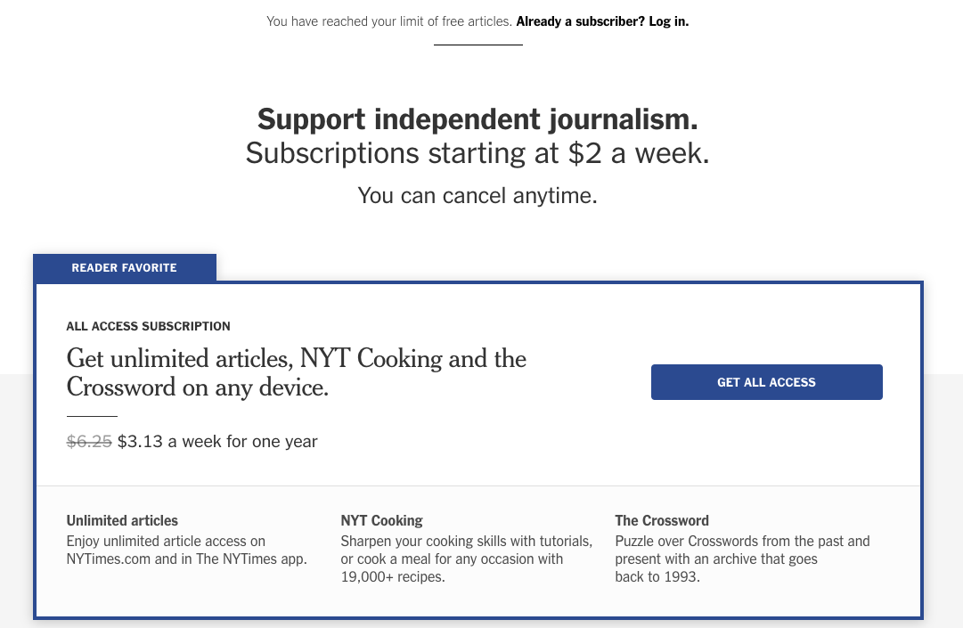 مثال لنظام حظر الاشتراك غير المدفوع من صحيفة New York Times يُظهر وصول قارئ إلى الحد المسموح به من المقالات
