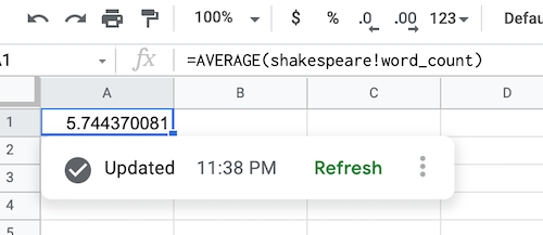 screenshot of a data source formula showing data from shakespeare dataset